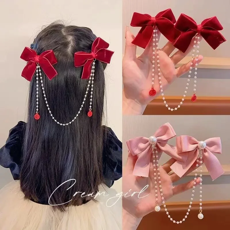 

Elegant Pearl Bow Tassel Hair Clip Solid Velvet Hair Claw Children Princess Best Hairpins New Fashion Beauty Hair Accessories
