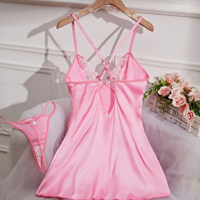 New Fashion Summer Backless Pink Exotic Dresses Women's Sexy Imitating Silk Clothes Nightgown Female Sweet Stain Thin T-Back Set