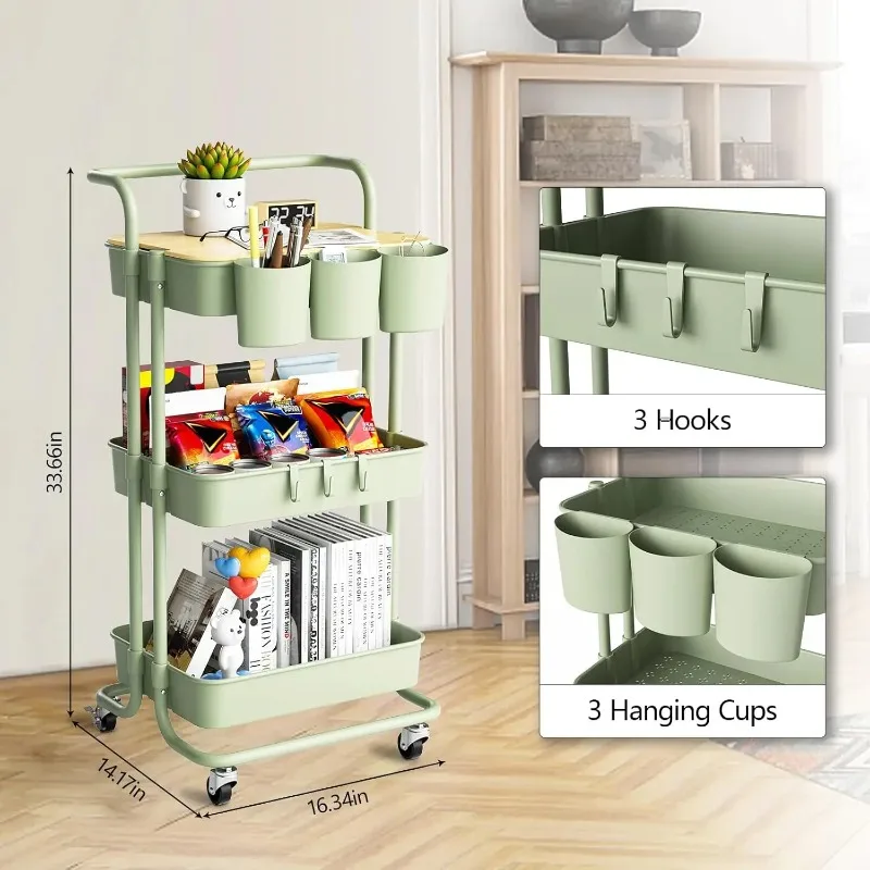 

3 Tier Rolling Table Top, Hanging Cups, Hooks, Cart with Storage Baskets& Wheels Metal Handle,