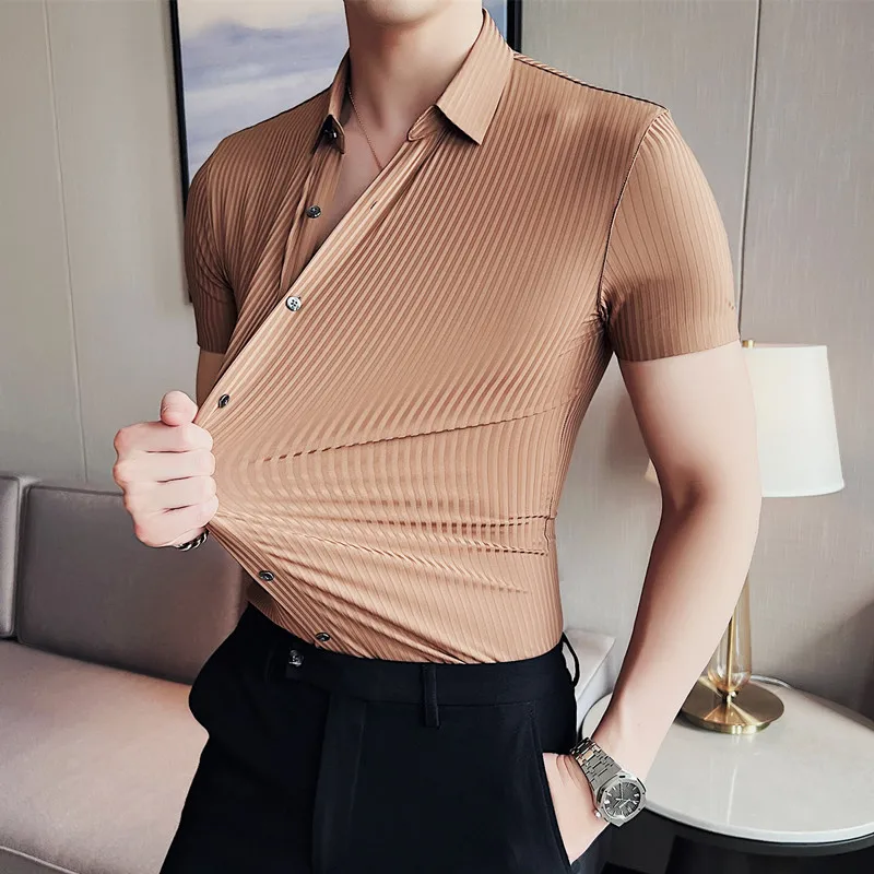 

Business Striped Polo Shirt Men's Slim-Fit Ice Silk Short Sleeve Shirt Golf Tennis Sports Casual Shirt