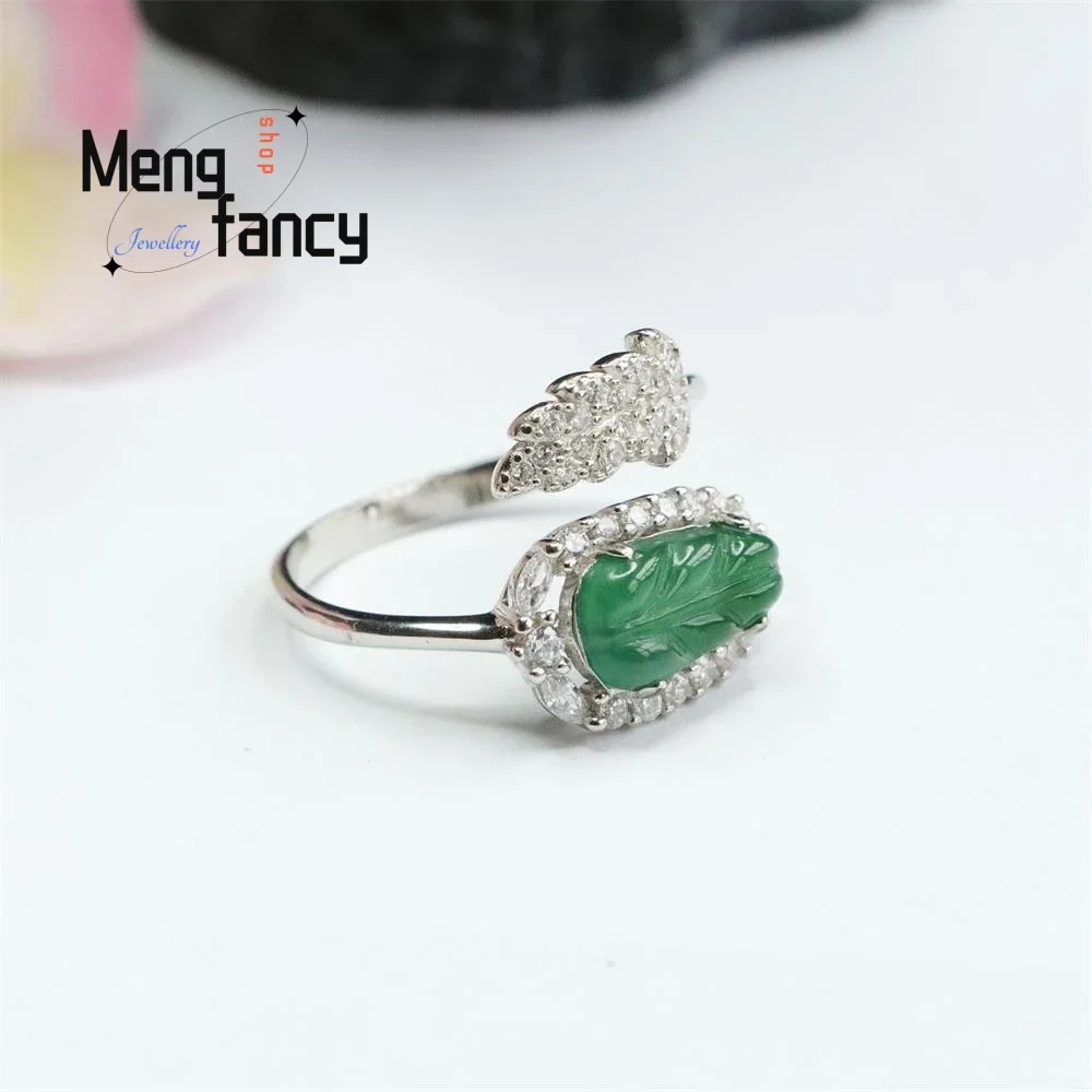 S925 Silver Lnlaid Natural Jadeite Leaf Ring In Ice Type Imperial Green Finger Exquisite Elegant Simple High-grade Holiday Gifts