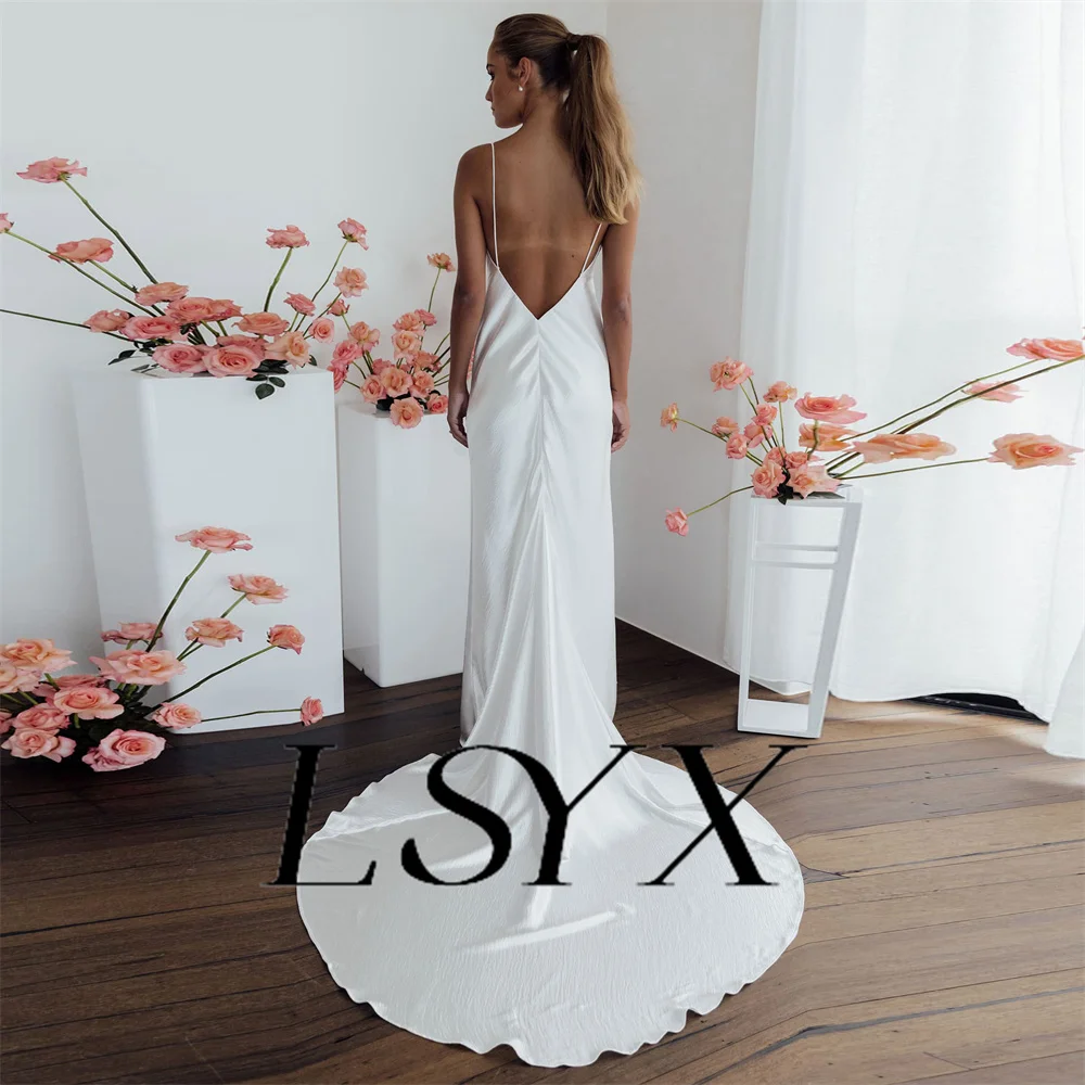 LSYX-Vestido de Noiva Sereia Sem Mangas, Decote Em V, Simples, Correias De Espaguete, Costas Abertas, Trem Tribunal, Até O Pavimento, Vestido De Noiva, Custom Made