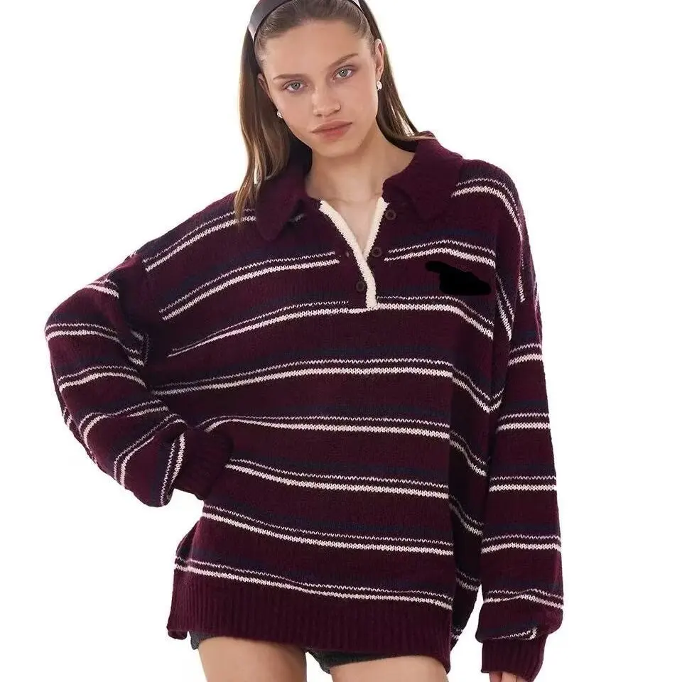 

Faionable Stripe Sweater Design Trendy Lazy Sle Slimming Retro Anti-Aging Versatile Sweet Sle Long Sve Ne Swe...