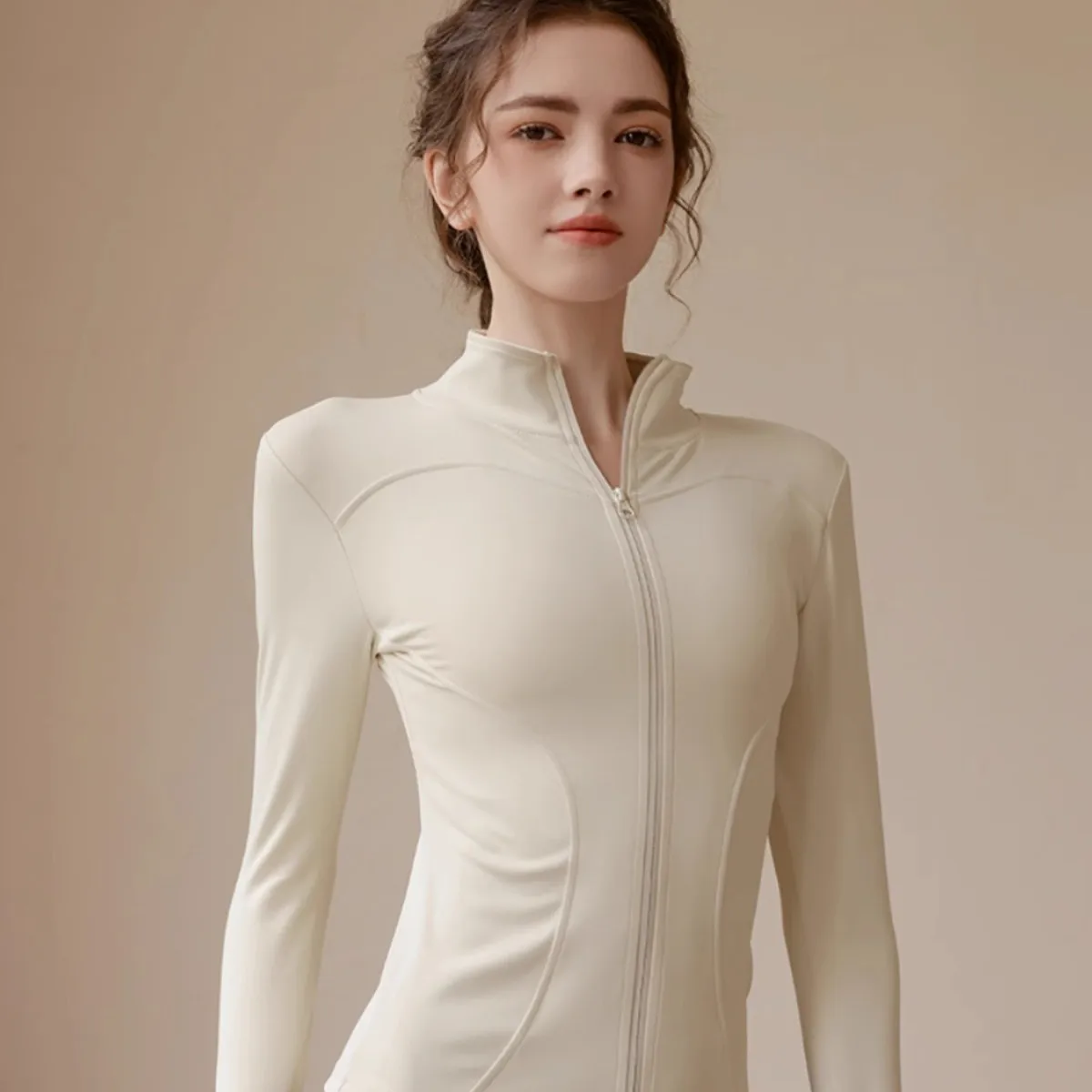 Velvet Stand Up Collar Top for Autumn and Winter Sports Jacket Women's Waist Cinching Slimming Versatile Fitness Suit, Elastic