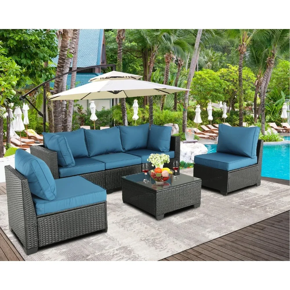 Patio Furniture Set (Peacock Blue) - Outdoor PE Rattan Wicker Sectional with Tempered Glass Table