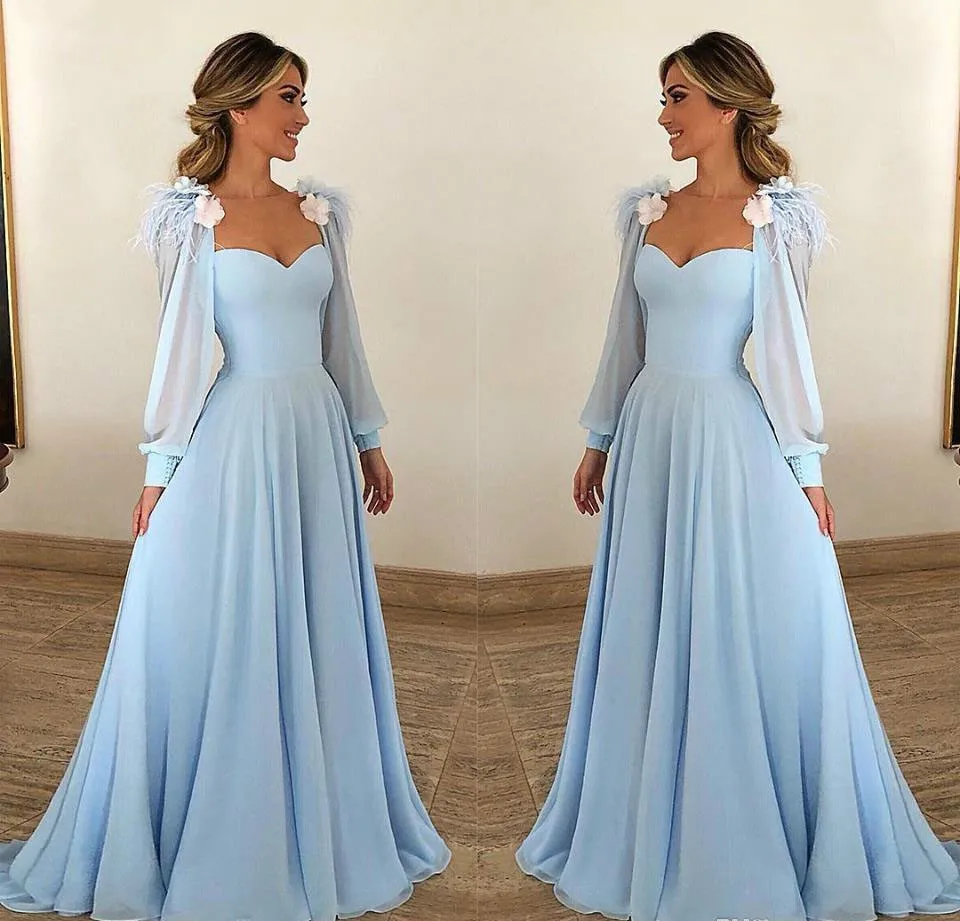 Luz azul vestidos de baile noite das mulheres mangas compridas chiffon para festa de casamento elegantes robes de soirée vestidos elegantes para mujer