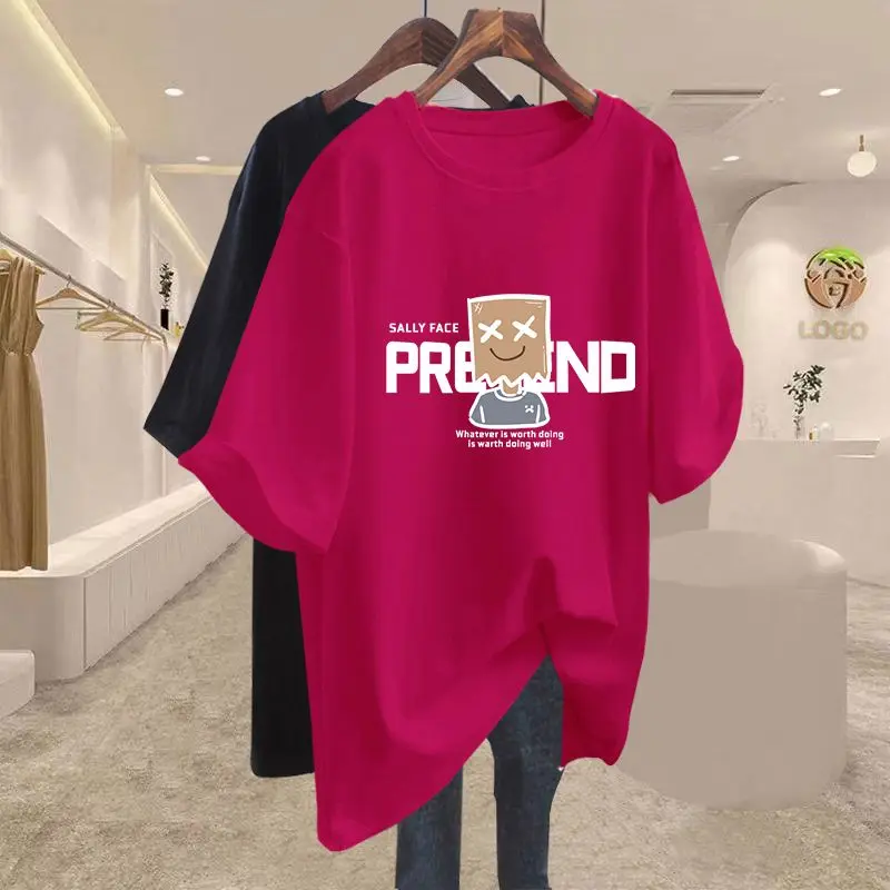 

Women Short Sleeve Pullover Lady Loose Casual Tops Summer Letter Cartoon Printed O-neck Simple All Cotton Basics Tee Shirt