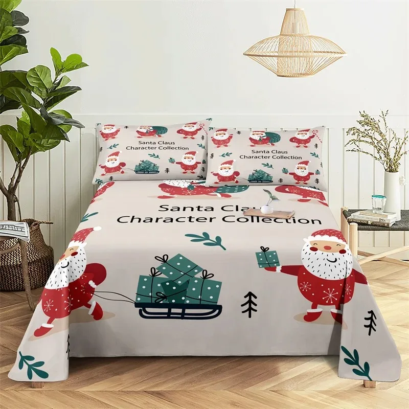 Christmas Fitted Sheet Set Cartoon Santa Claus Mattress Cover With Elastic Twin Full Queen King Size For Kids Boys Bed Linen