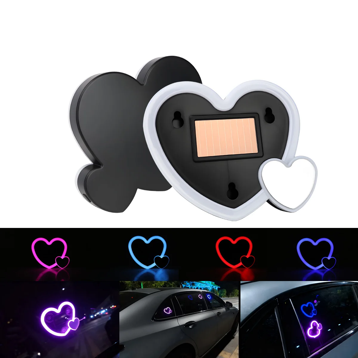 1pcs LED Solar Powered Heart-shaped Colorful Neon Light Car Triangle Window LED Ambient Atmosphere Light Rear Window Decoration