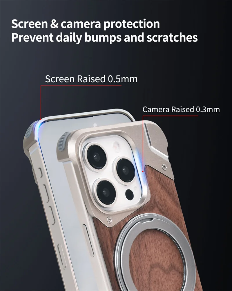 Walnut Wood Metal Borderless Armor Phone Case For iPhone 13 14 15 16 Pro Max Plus 360 Rotating Magnetic Bracket Shockproof Cover