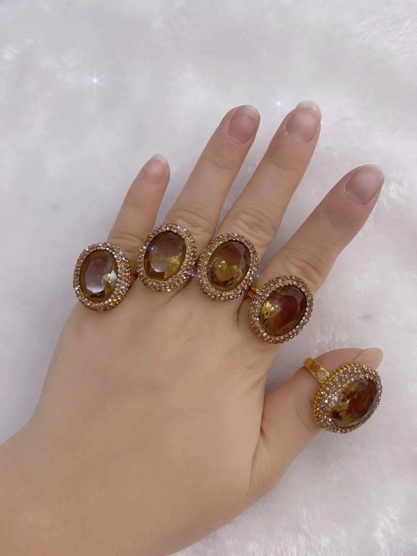 1piece brown quartz oval faceted Ring FOR WOMEN +ZIRCON RING free size