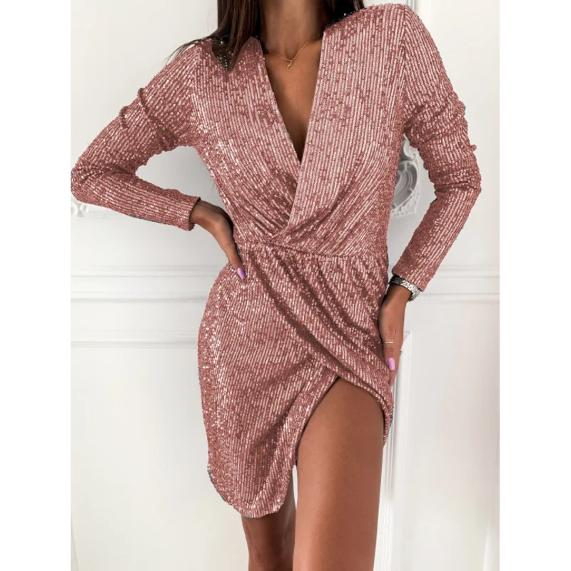 

Women's Hot Gold Dress Women Long Sleeve V-neck Skirt Sexy Temperament V-neck Shiny Short Dress Vacation Comfort Casual Office