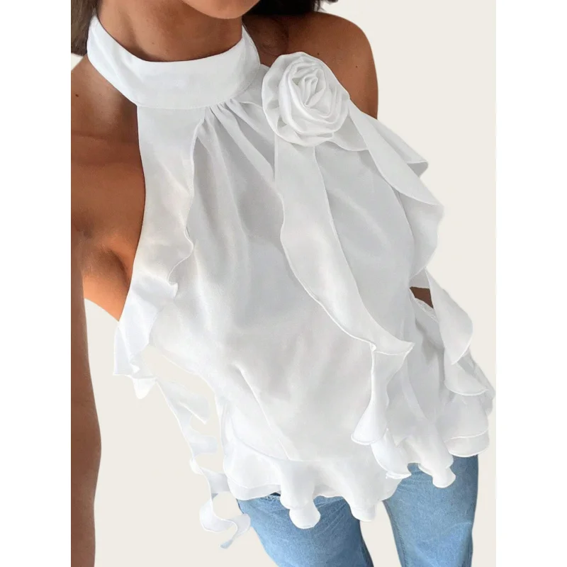 In-stock elegant and flowy French-style niche chic floral neck accessory design with ribbon tie halter top