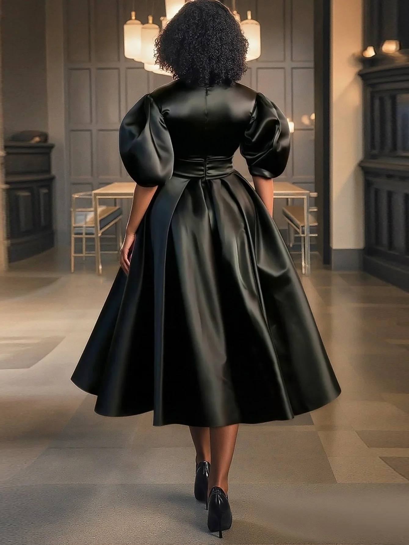 فستان ساتان أنيق بأكمام منتفخة مقاس كبير مثير على شكل حرف v وخصر عالٍ لحفلات الزفاف وحفلات الكوكتيل بطيات على شكل حرف a فساتين سهرة متينة