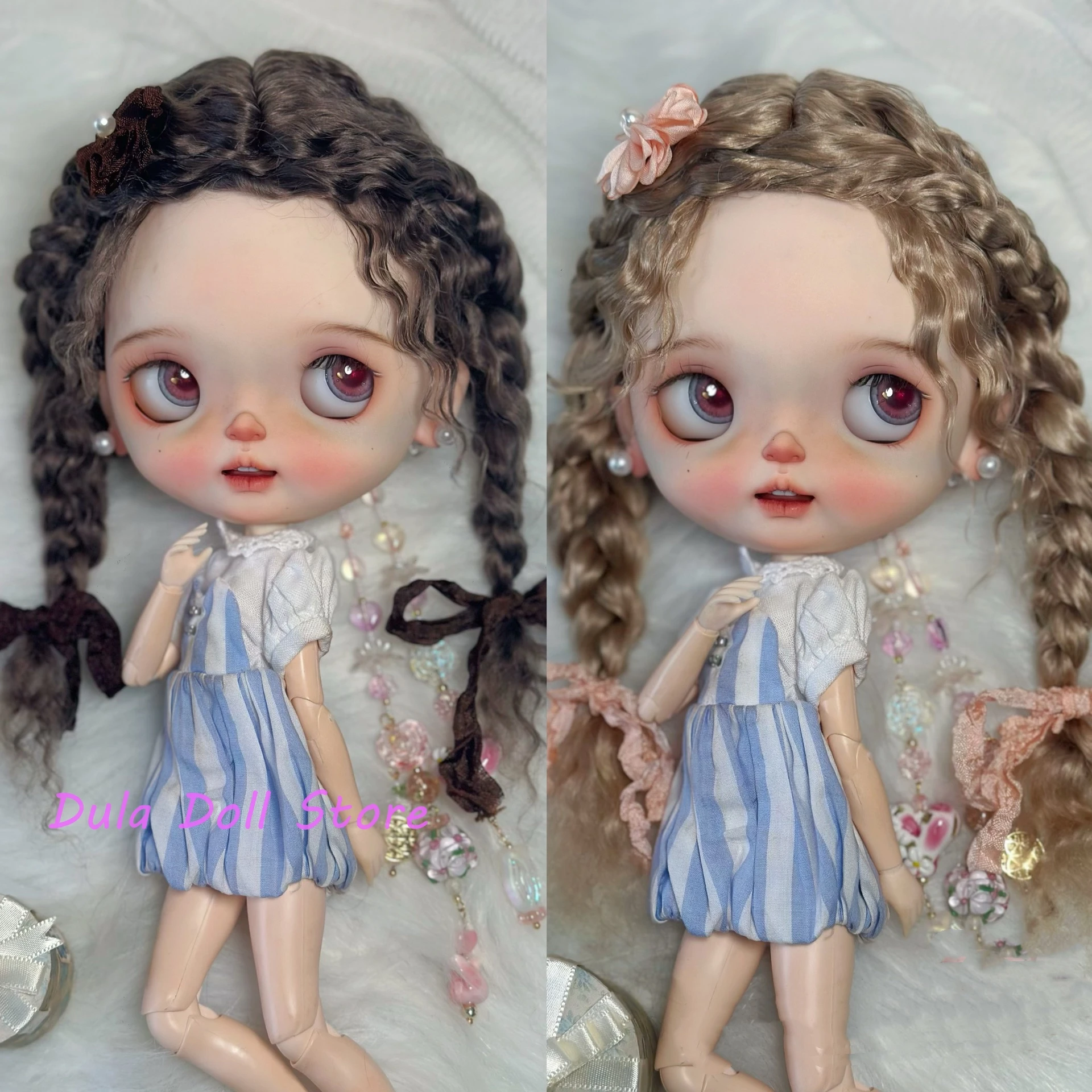 

Кукольные парики Dula для Blythe Qbaby, мохеровые розовые двойные косички в рулонах, размер головы 9-10 дюймов