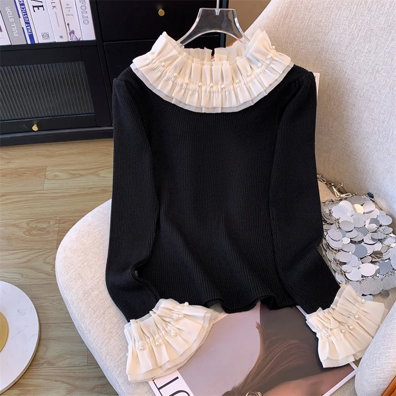 Pearl Beaded Ruffled Collar Slim Fit Sweater Knitwear Women Stylish Elegant Chic Ladies Tops 2024 Autumn Long Sleeve Jumpers