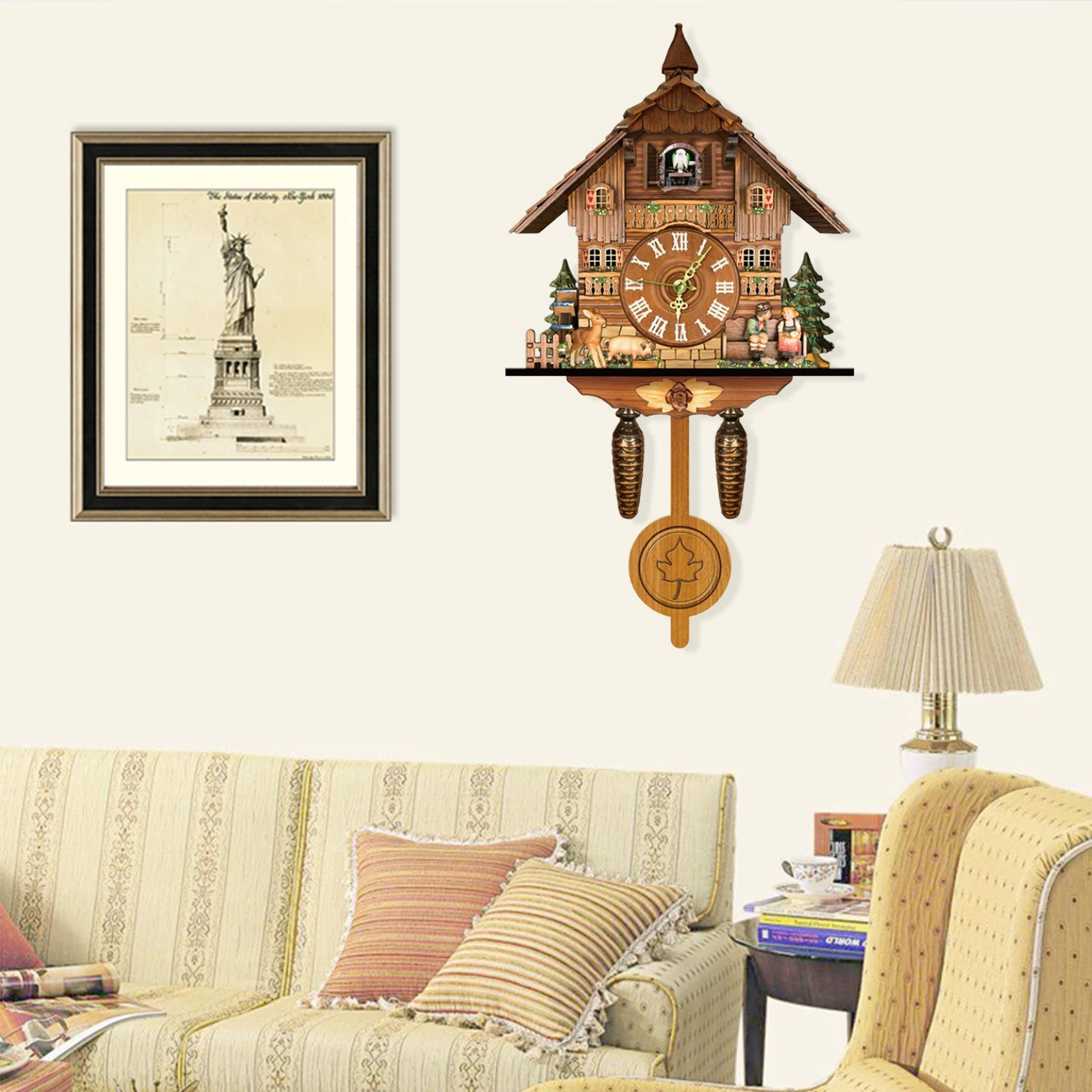 Bird Time Bell Swing Alarm Watch Imitation Wood Style With Easy-to-Read Dials Cuckoo Clock for Living Room