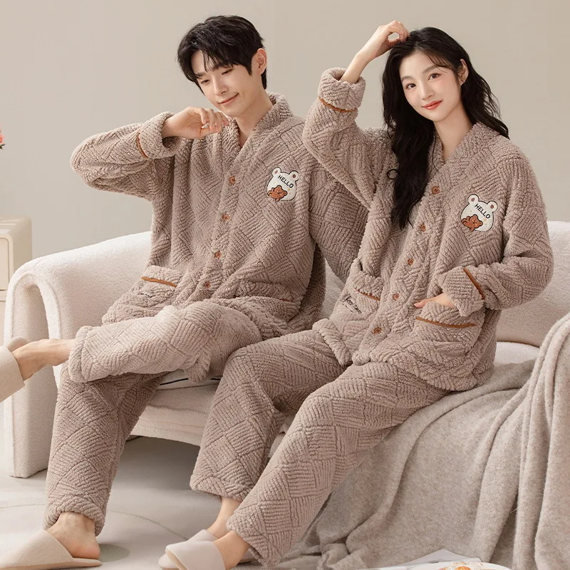 Flannel Couple Pajamas Autumn and Winter Thickened Thermal Coral Fleece Women's Cartoon Winter Men's Home Wear Suit