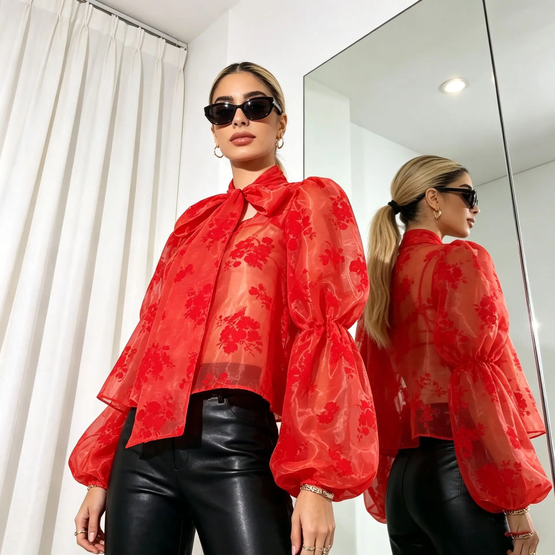 French sweet and beautiful women's shirt, fashionable and versatile high-end organza shirt, spring and autumn top