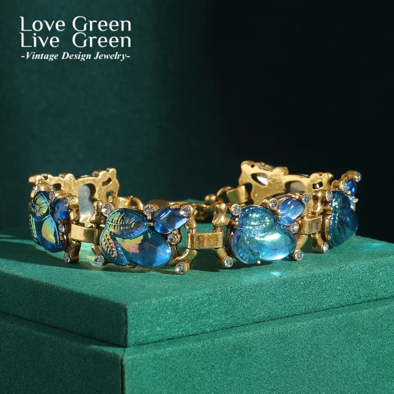 

Vintage Ab Sea Blue Glass Leaves Rhinestone Bracelet Woman Jewelry Set Luxury Gold Color Accessories Dubai Charms 2025