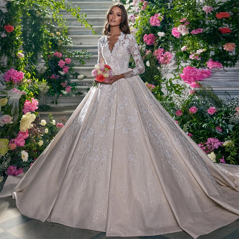 

Glitter Wedding Dress Organza With Embroidery Sequins Ball Gown Full Sleeve V-Neck Customized Bridedress Button Vestido De Novia