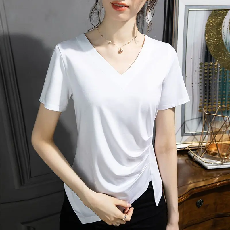 Stylish V-Neck Solid Color All-match Folds Irregular Blouse Women\'s Clothing 2023 Summer New Casual Pullovers Asymmetrical Shirt