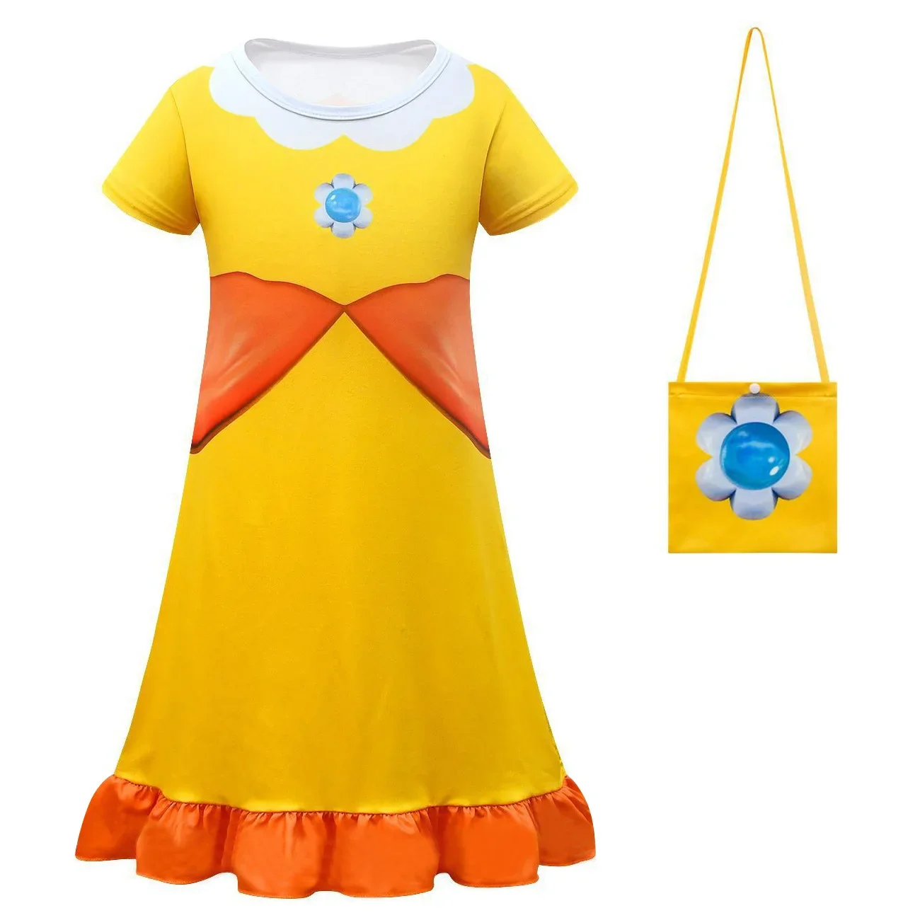 Kids Anime Cartoon Print Princess Peach Short Sleeves Dress Bag Set Outfit for Girls Christmas Halloween Cosplay Costume