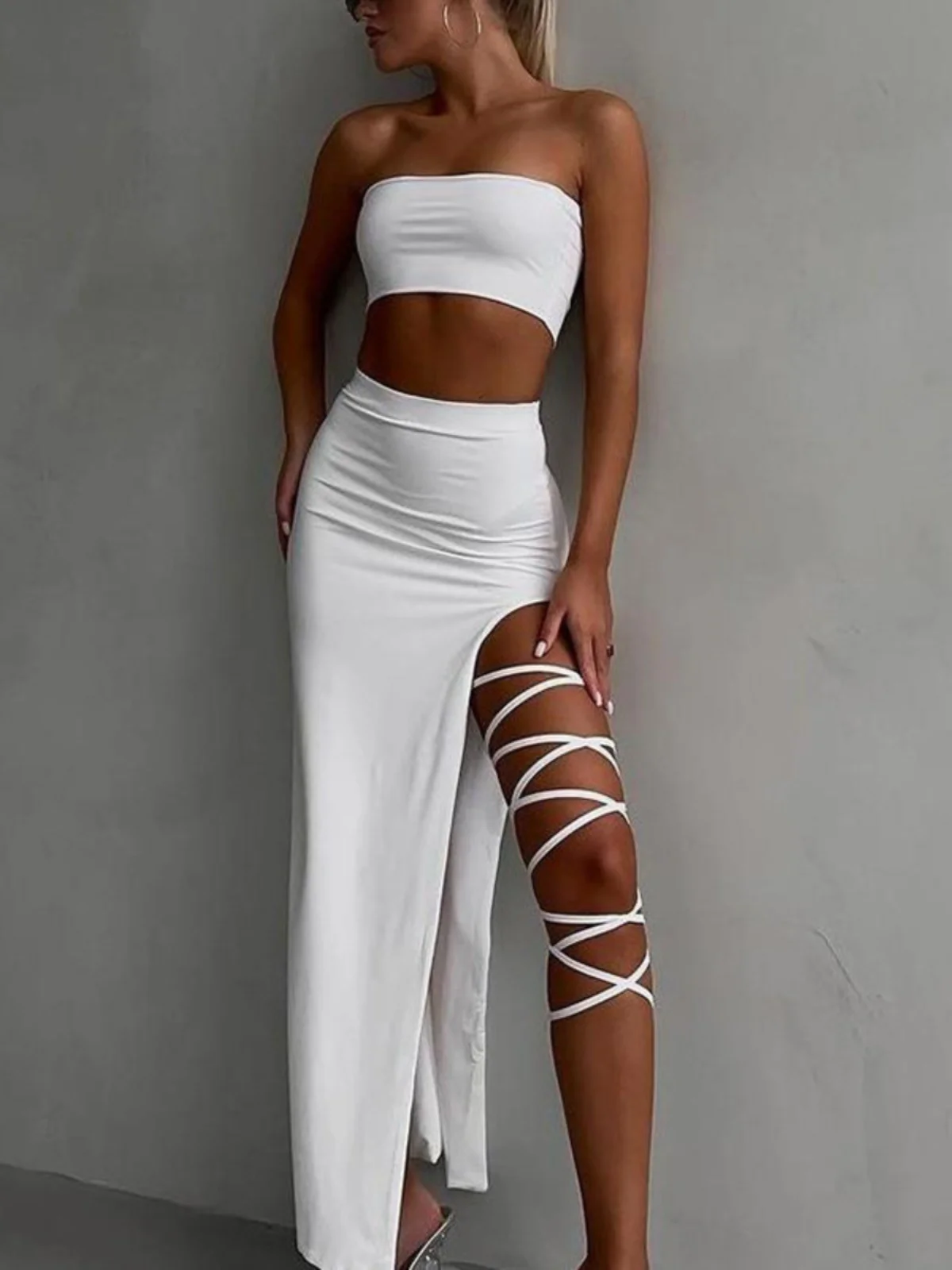 Ensemble haut court fendu à bretelles et jupe à nouer à la taille, tenue Faion pour femmes, ensemble jupe f avec sangle à bretelles et bretelles à nouer