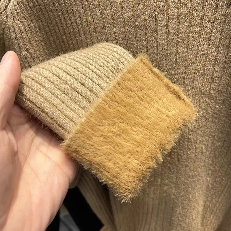 Plush Velvet Sweater Women Solid Half High Collar Knitted Pullover Soft Autumn Winter Knitwear Top All-Match Christmas Sweater