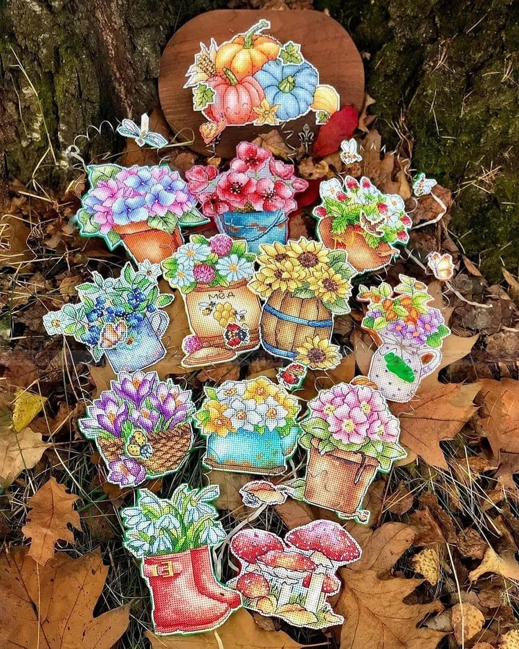 Piękny kwiat kielich kwiaty i ptaki małe ogrodowe doniczkowe owady plastikowa płyta naklejka na lodówkę ścieg krzyżykowy