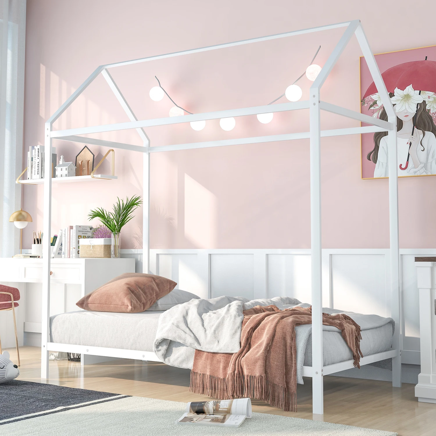 

House Bed Frame Twin Size , Kids Bed Frame Metal Platform Bed Floor Bed for Kids Boys Girls No Box Spring Needed White