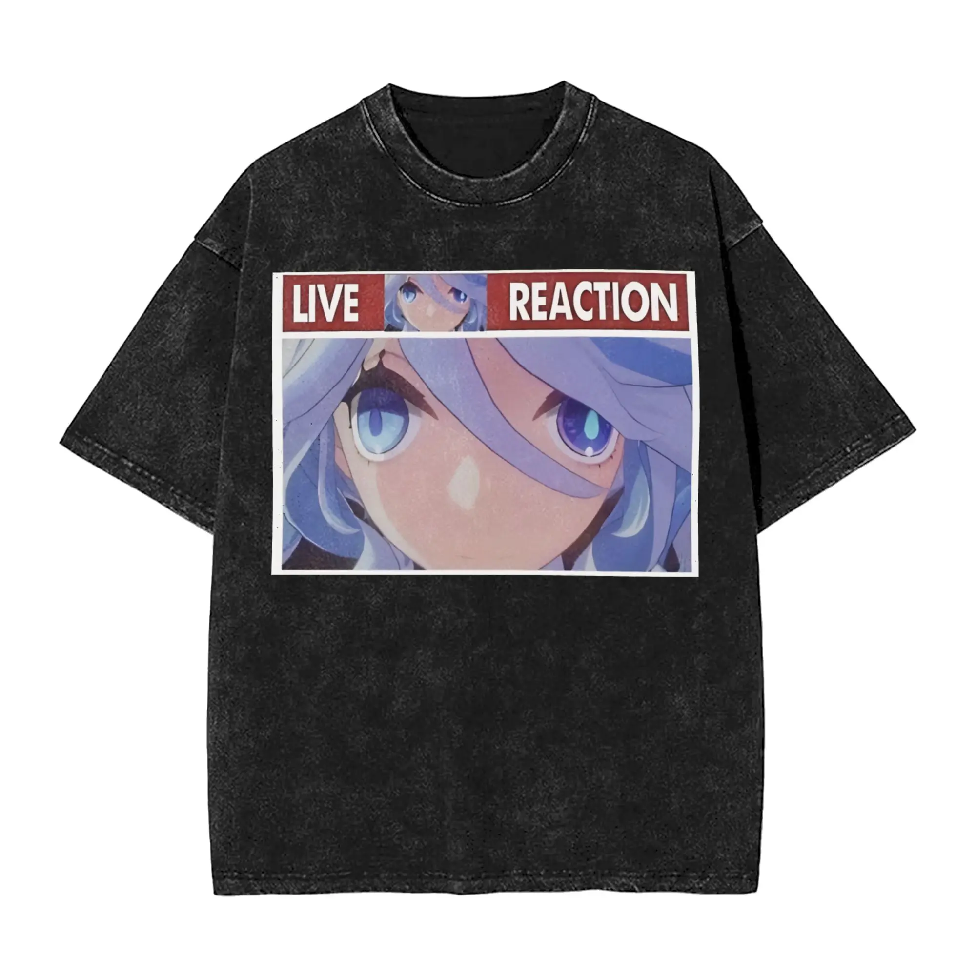 Furina Live Reaction Washed T Shirts Streetwear Hip Hop Fashion T-Shirts Genshin Impact Game Tees Tops for Men Women Summer