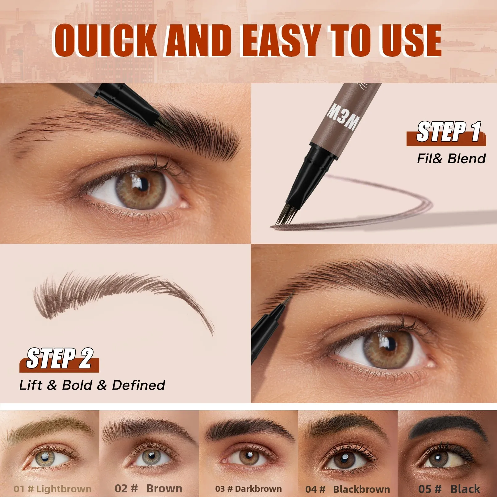 قلم حواجب مزدوج الأطراف مقاوم للماء مصطبغ للغاية يدوم طويلاً، تأثير Microblading 4D 2 في 1 قلم سائل