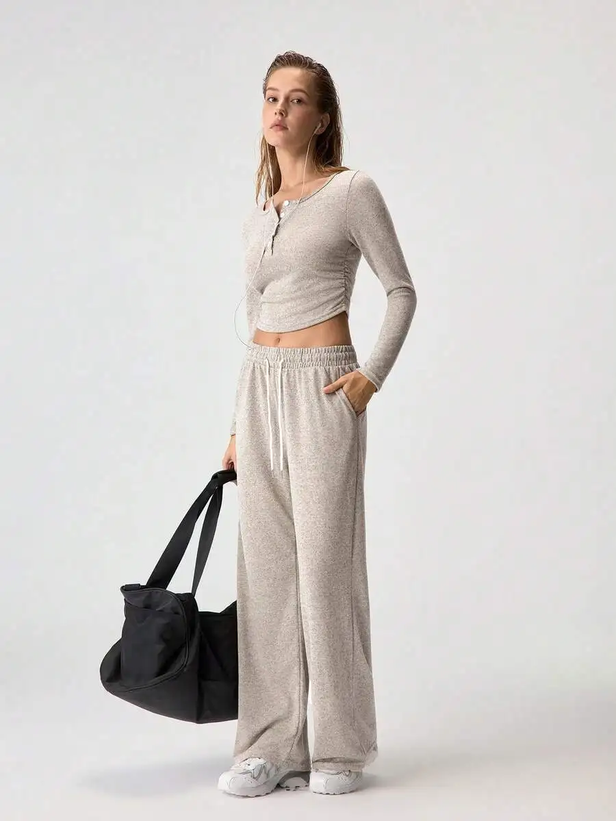 

2pcs Women Long Sleeve Crop Top And Wide Leg Pants Set Solid Color Comfortable Lounge Outfit