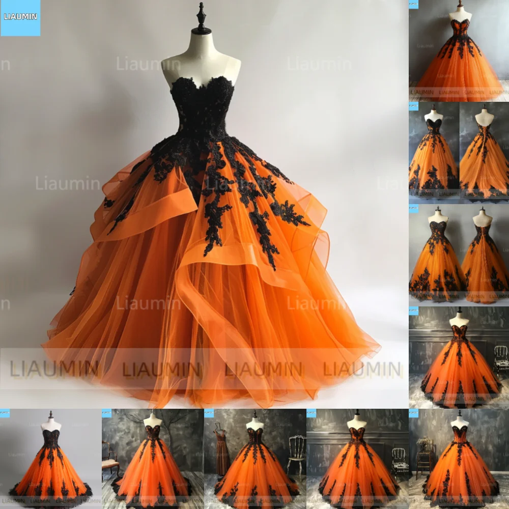 Classic Orange And Black Lace Full Length Lace-up Prom Formal Wedding Dresses Evening Bridesmaid Party Clothing Customized C-8