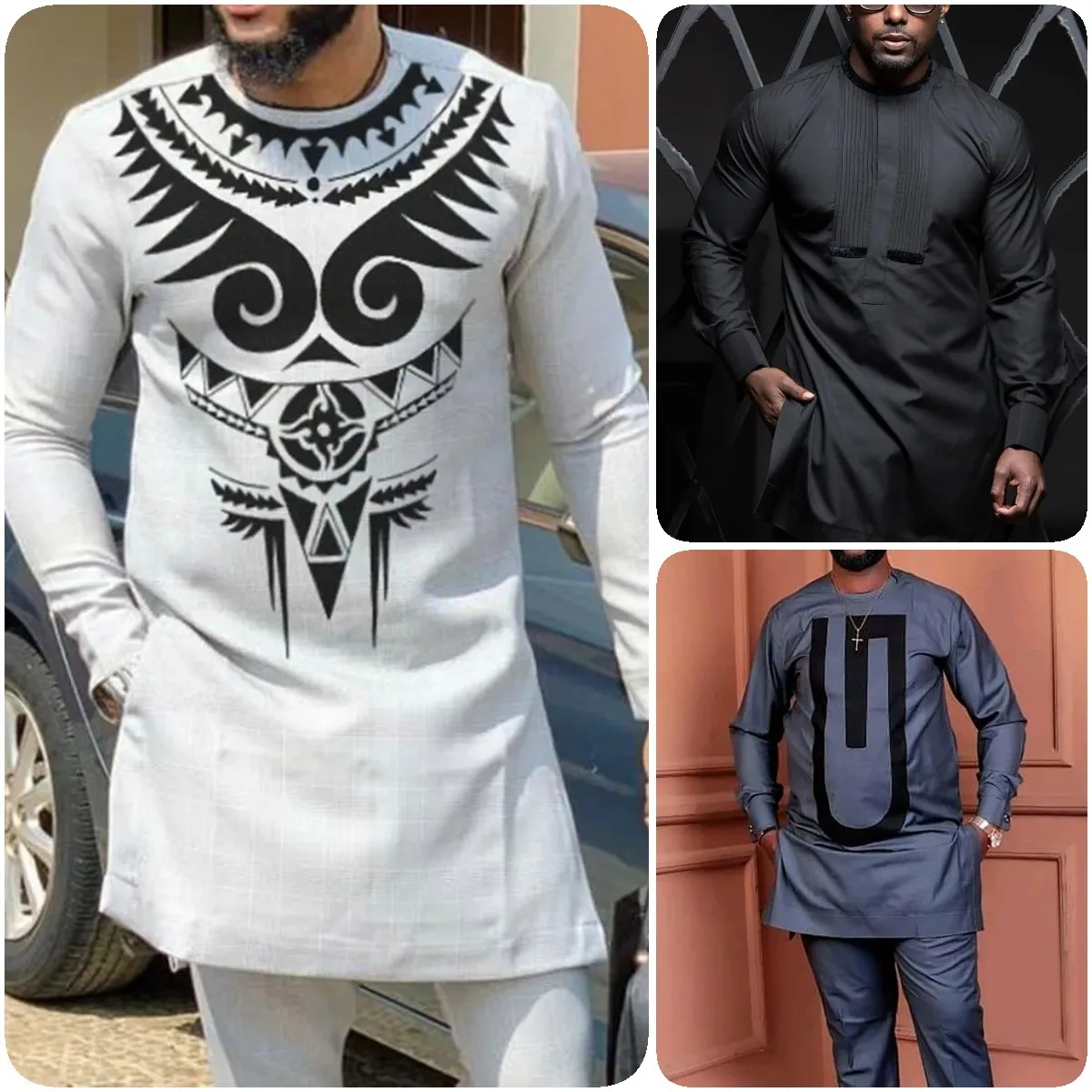 Brand New African Man Outfit Set Gray Patchwork Tops Design Printed Men\'s Sets Shirt With Pant African Fashion Male Groom Suits