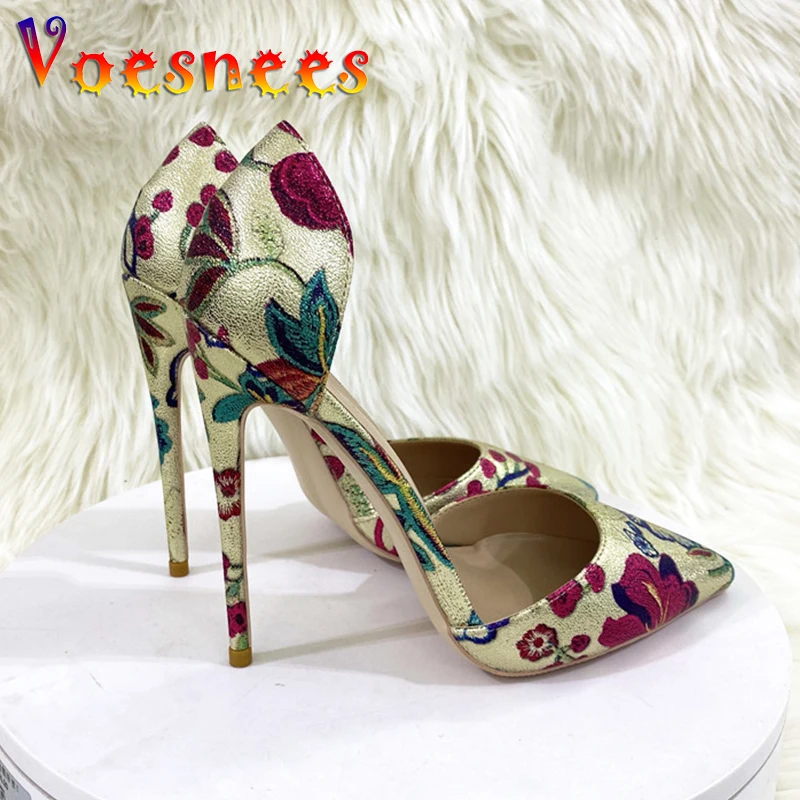 Fashion Print High Heels 2023 New 12CM Gold Embroidered Side Empty Sandals Slip-On Summer Elegant Women's Shoes Banquet Pumps