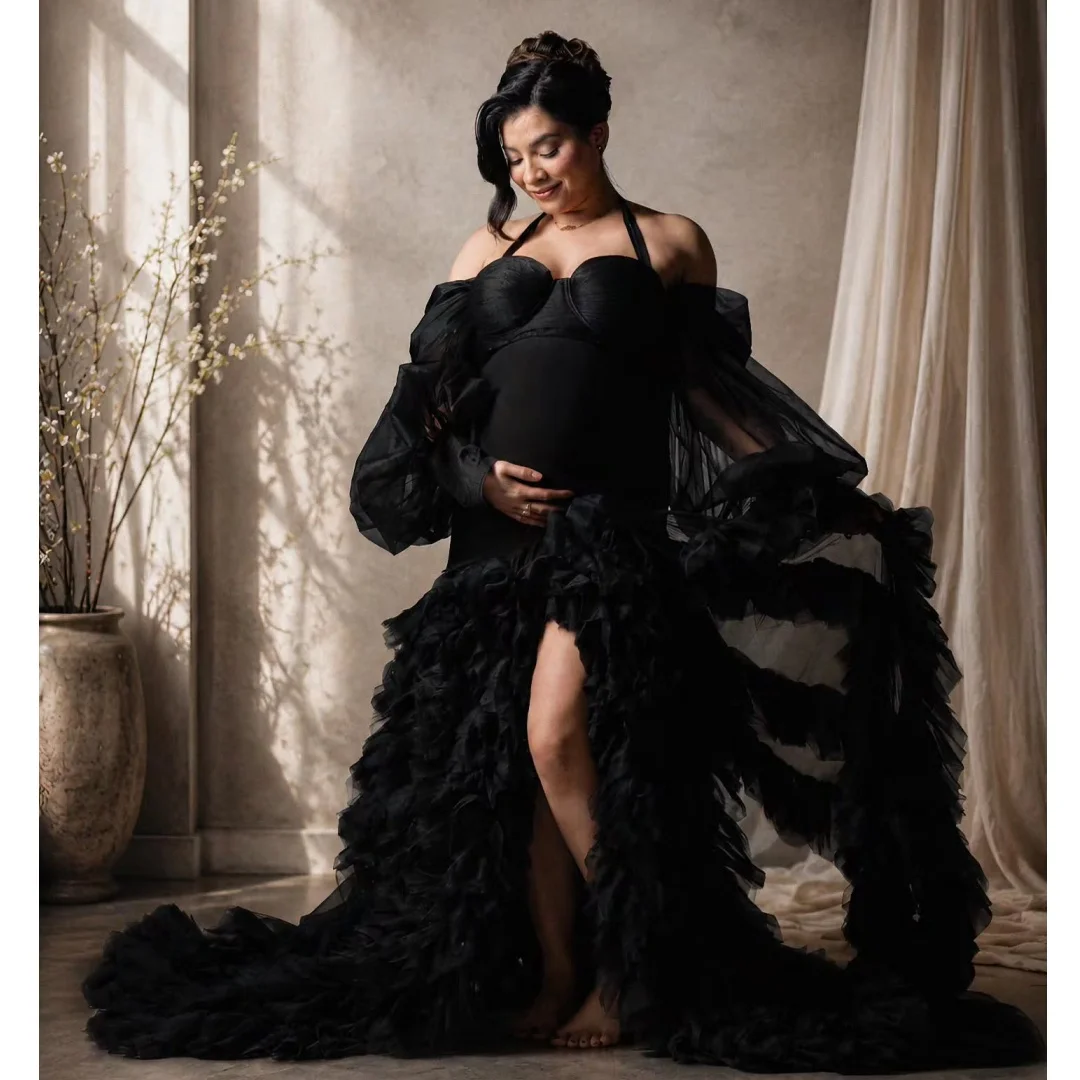 Black Mermaid Prom Dresses Ruffles Slit Maternity Photoshoot Dress Plus Size Long Sleeves Stretchy Baby Shower Gown Customized