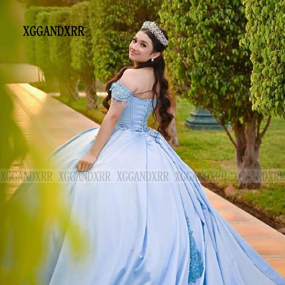 Robes de Quinceanera élégantes bleu Grils doux 15 16 robe de fête d'anniversaire 2025 épaules dénudées chérie dos nu dentelle Applique Miss