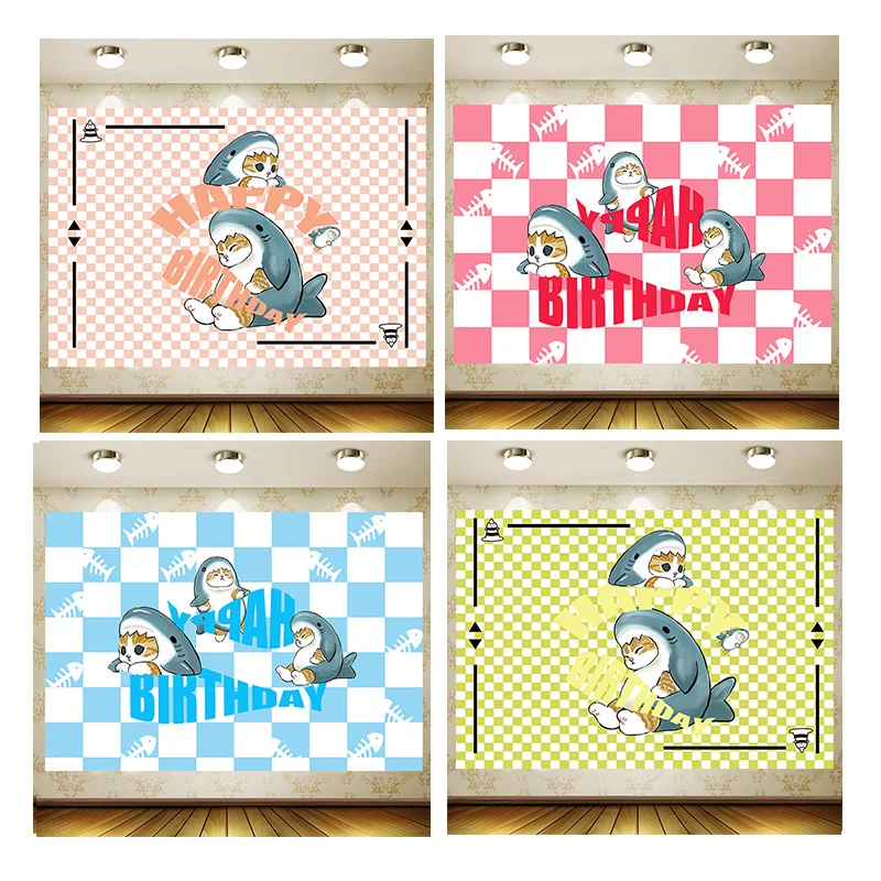 

Shark Cat Background kids Birthday Supplies Party Banner Cartoo lattice Decoration Photography backdrop Baby Shower