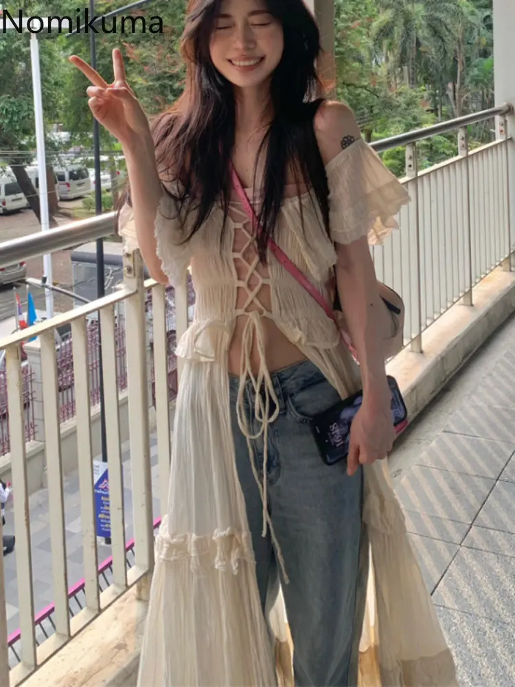 

2023 Vestidos De Mujer Summer Dress for Women Fashion Vintage Bandage Sweet Ruffles Robe Femme Korean Tunic Maxi Dresses 27n684