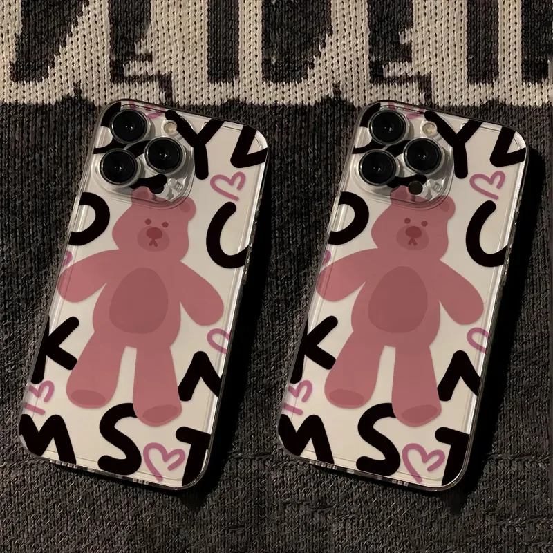 Ins Korean  Lovely Pink Bear Phone Case For iPhone 16 Pro Max 15 14 13 12 11 XR XS Max 7 8 Plus Y2K  Soft Anti fall Phone Case