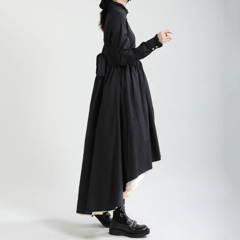 HKSH Spring Autumn New Women's Long Dress Stand Collar Multi-layer Patchwork Contrast Color Pleated Elegant Chic Dresses HK15703