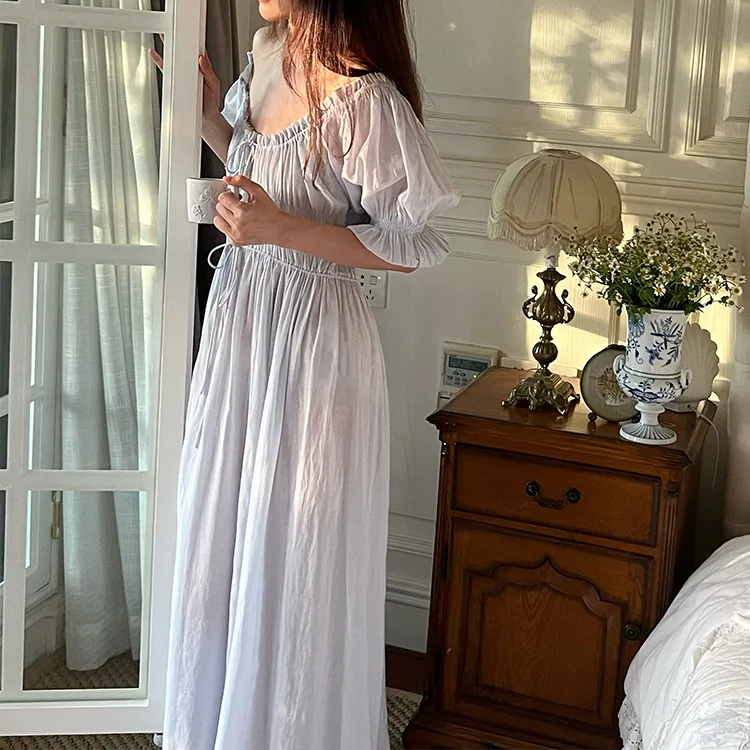 레트로 스타일 블루 요정 잠옷 여름 고급 면 루즈핏 여신 홈웨어 달콤하고 귀여운 여성용 나이트가운