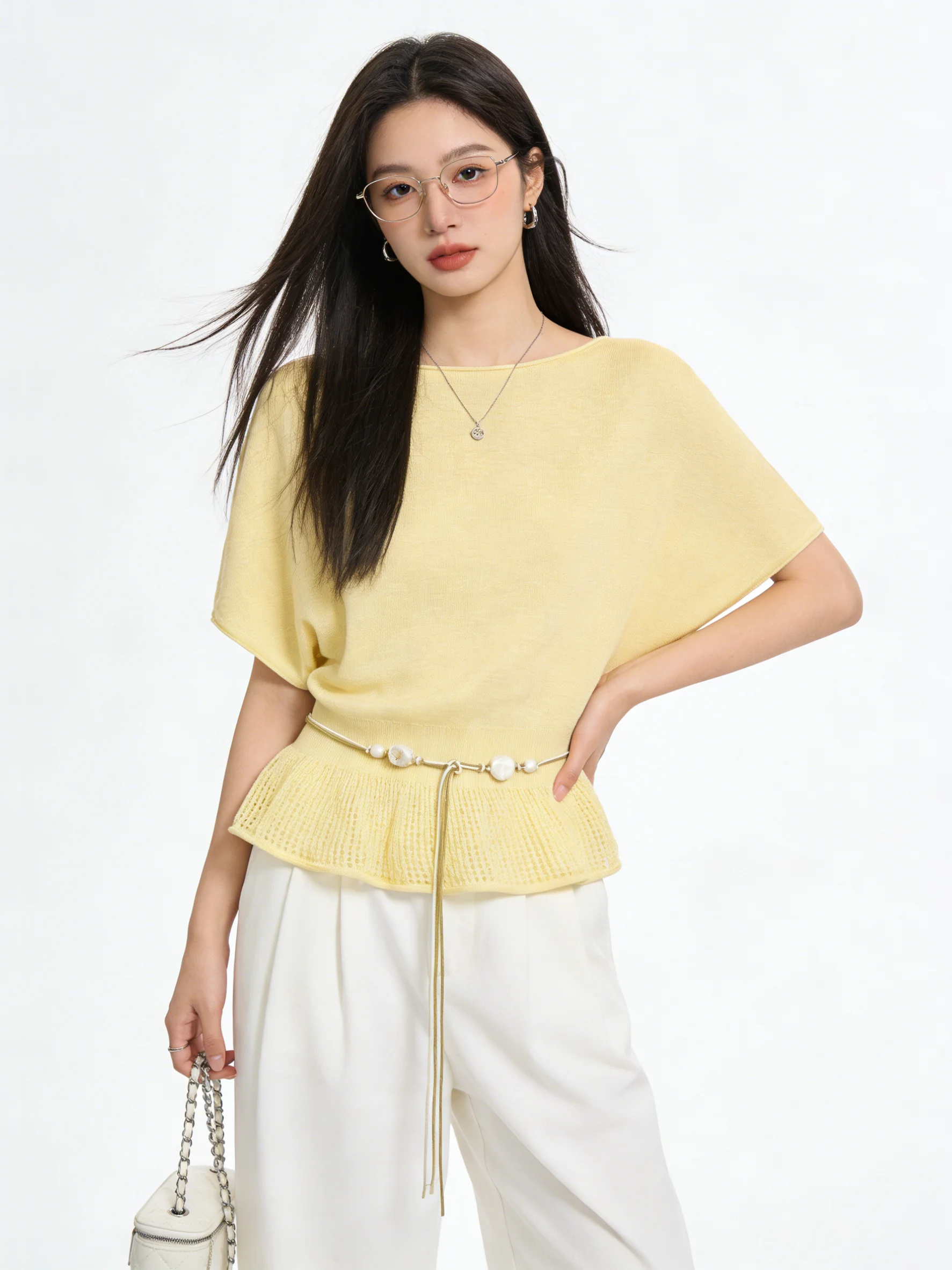 

Korean Style Simple Batwing Sleeve Hollow Knitted Top Women Summer Slimming Gentle Design Sense Splicing Short Sleeve T-shirt