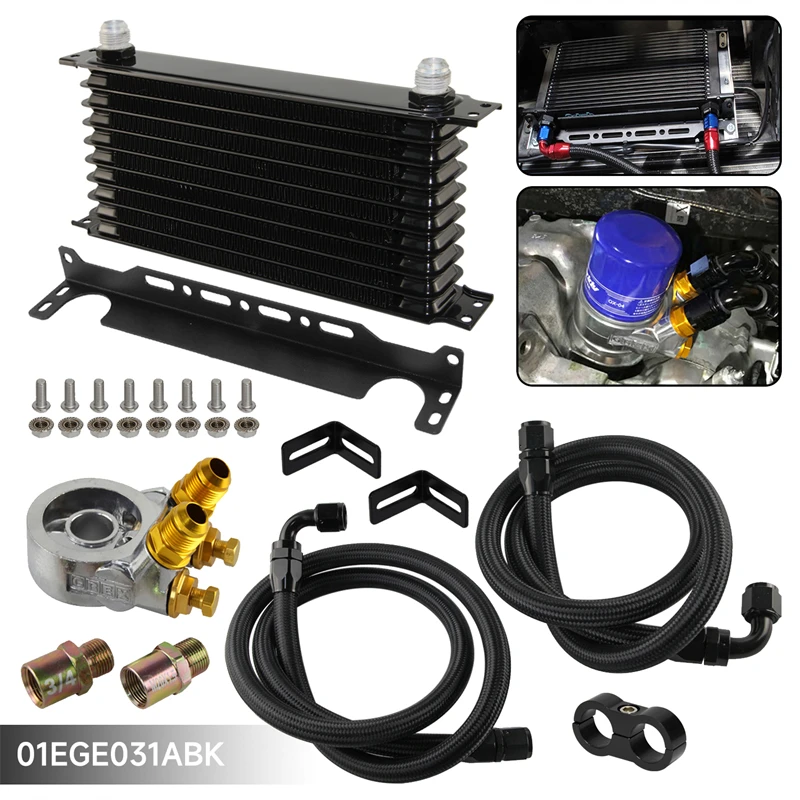 

10 Row Engine Trust Oil Cooler w/ Thermostat 80 Deg Oil Filter Adapter Kit Blue/ Black