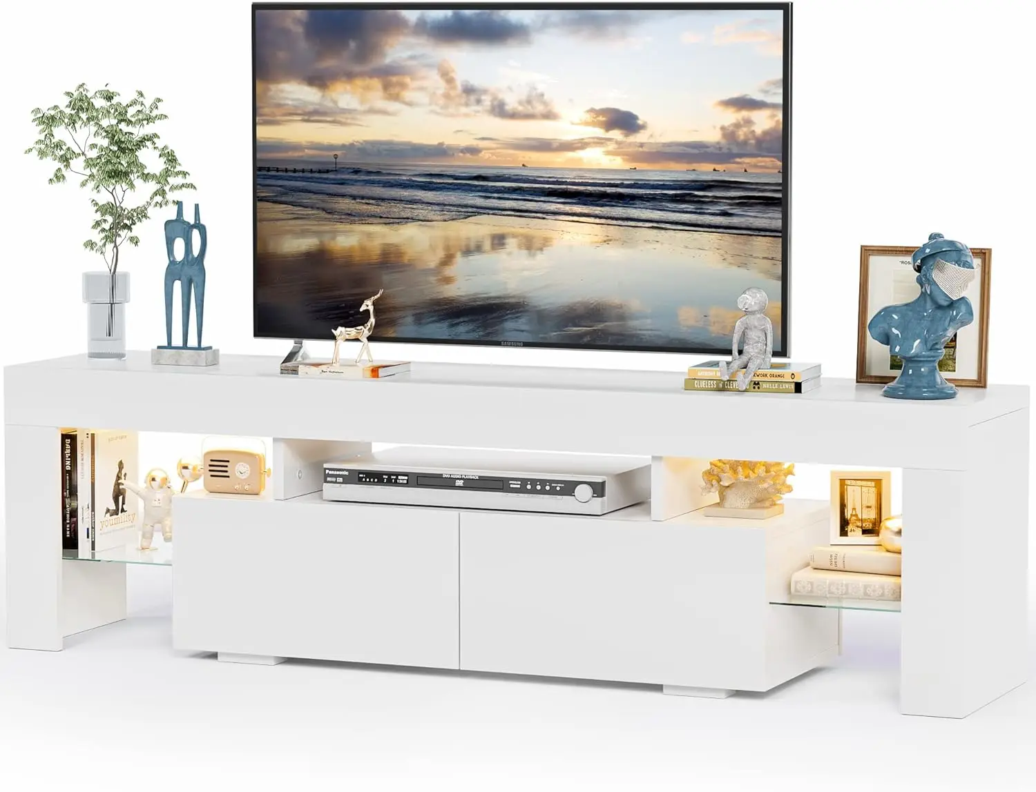 JUMMICO TV Stand, Modern Lighting TV Cabinet Entertainment Center Media and Open Shelf, TV Console Table with 1 Drawer and