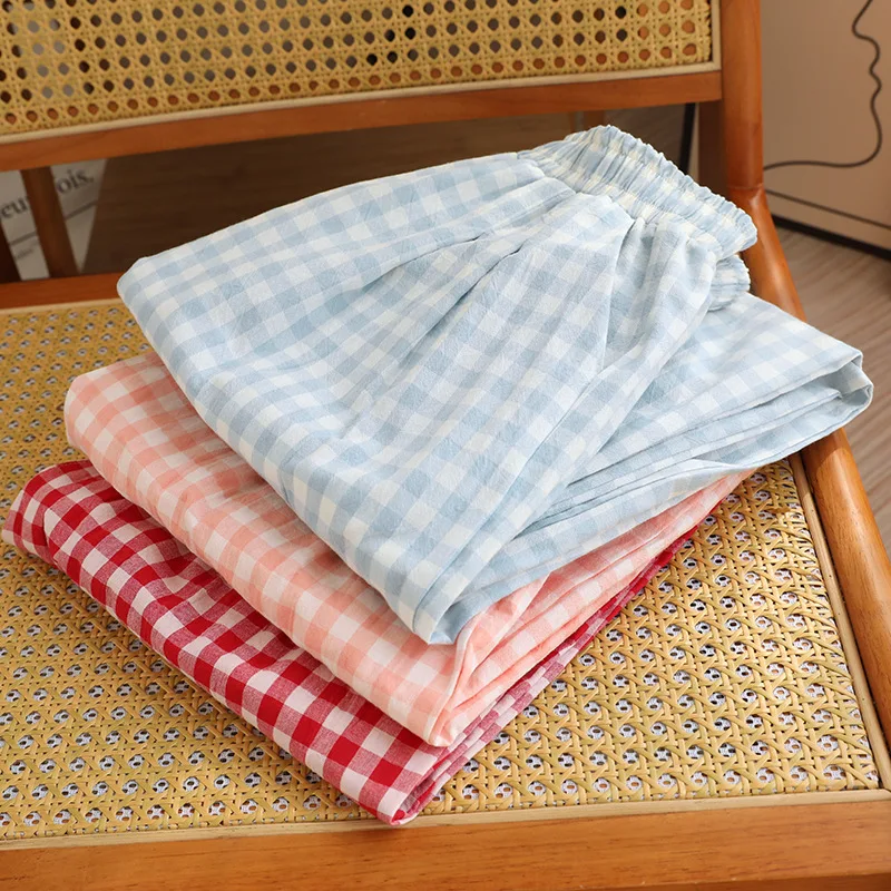 

Spring Autumn Women 100% Cotton Sleep Bottoms Female Night Trousers Ladies Casual Plaid Loungewear Pants Plus Size Home Pants