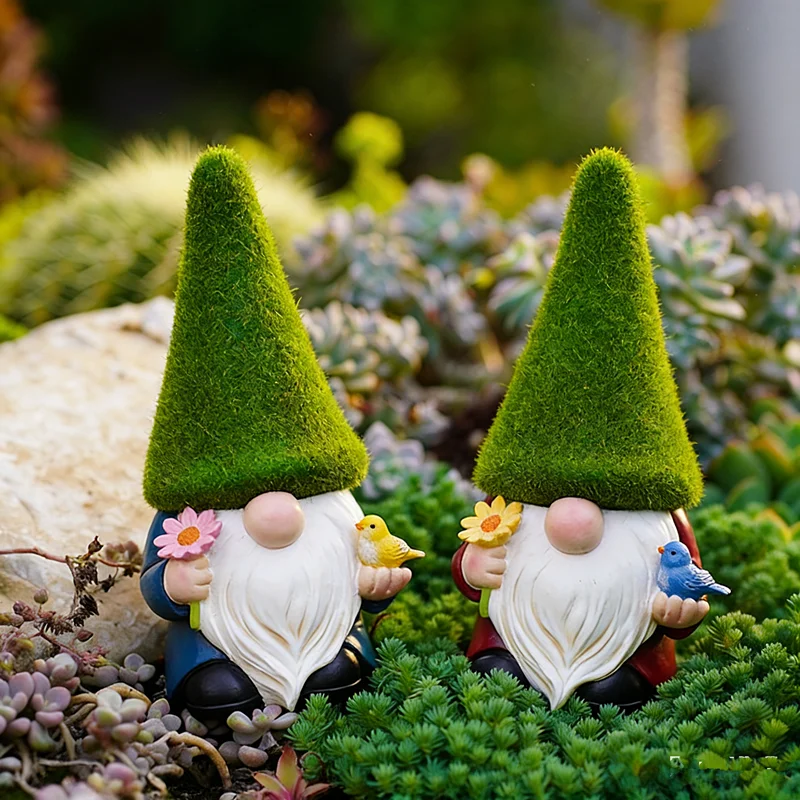 

Cute Dwarf Goblin Resin Ornament Green Hat Flower Bird Old Man Dwarf Outdoor Decorative Landscape Ornament for Yard Patio Lawn