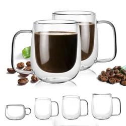 2 Pack Coffee Mugs,Clear Glass Double Wall Cup with handle for Coffee, Tea, Latte, Cappuccino